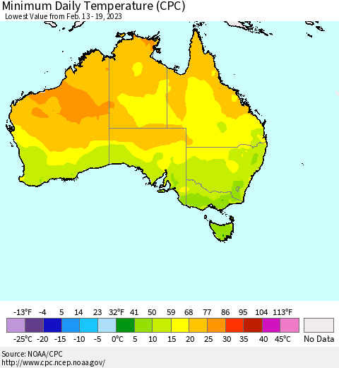 Australia Minimum Daily Temperature (CPC) Thematic Map For 2/13/2023 - 2/19/2023