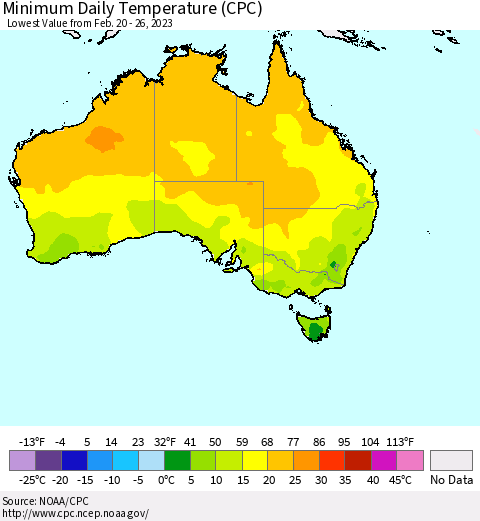 Australia Minimum Daily Temperature (CPC) Thematic Map For 2/20/2023 - 2/26/2023