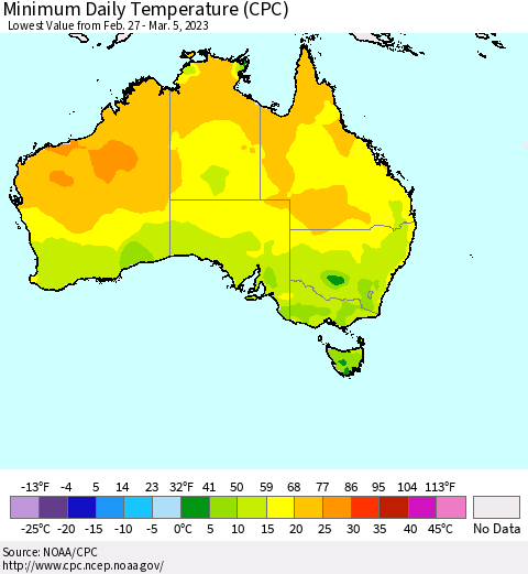 Australia Minimum Daily Temperature (CPC) Thematic Map For 2/27/2023 - 3/5/2023