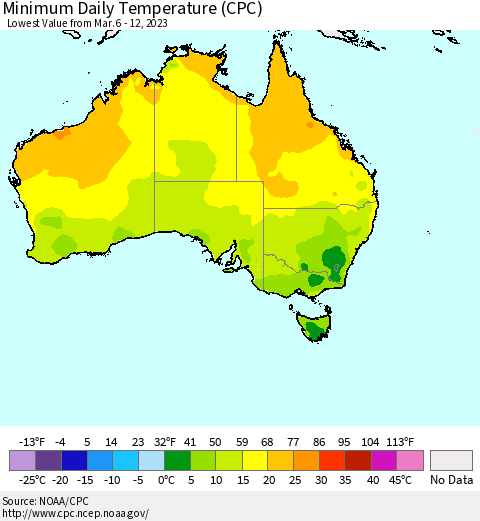 Australia Minimum Daily Temperature (CPC) Thematic Map For 3/6/2023 - 3/12/2023