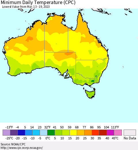 Australia Minimum Daily Temperature (CPC) Thematic Map For 3/13/2023 - 3/19/2023