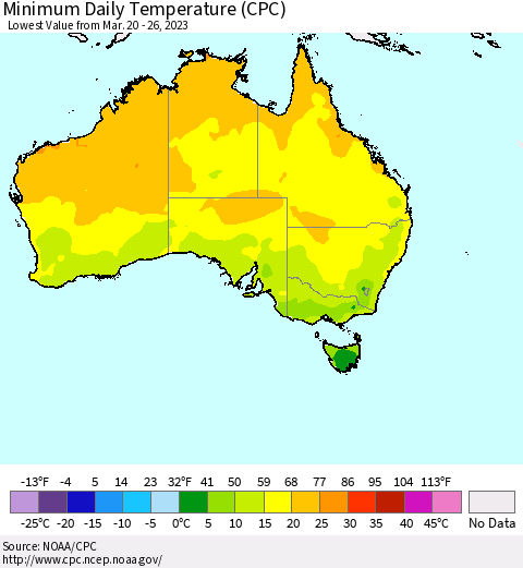 Australia Minimum Daily Temperature (CPC) Thematic Map For 3/20/2023 - 3/26/2023