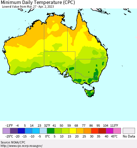 Australia Minimum Daily Temperature (CPC) Thematic Map For 3/27/2023 - 4/2/2023