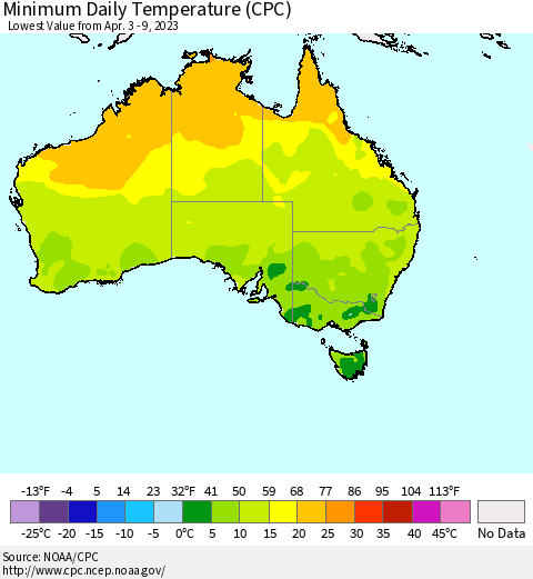 Australia Minimum Daily Temperature (CPC) Thematic Map For 4/3/2023 - 4/9/2023