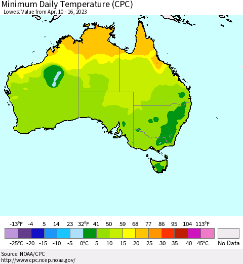 Australia Minimum Daily Temperature (CPC) Thematic Map For 4/10/2023 - 4/16/2023