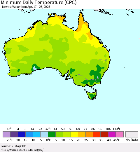 Australia Minimum Daily Temperature (CPC) Thematic Map For 4/17/2023 - 4/23/2023