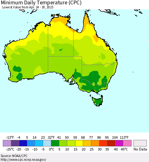 Australia Minimum Daily Temperature (CPC) Thematic Map For 4/24/2023 - 4/30/2023