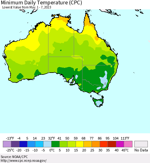 Australia Minimum Daily Temperature (CPC) Thematic Map For 5/1/2023 - 5/7/2023