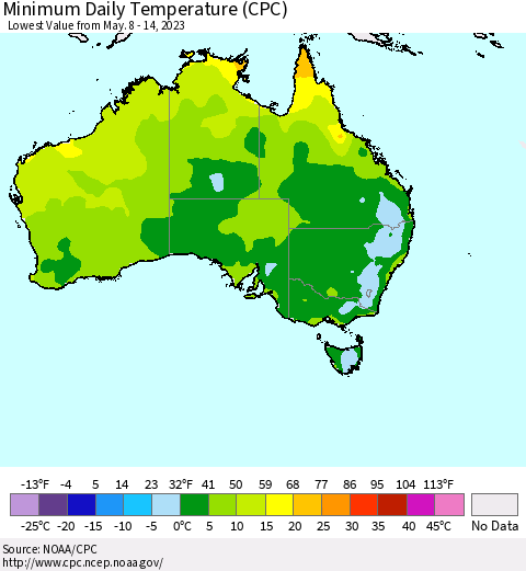 Australia Minimum Daily Temperature (CPC) Thematic Map For 5/8/2023 - 5/14/2023