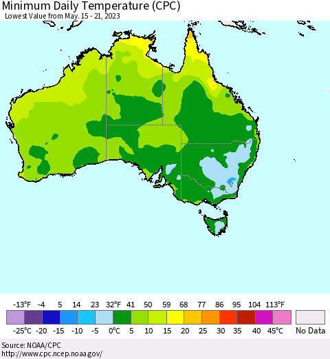 Australia Minimum Daily Temperature (CPC) Thematic Map For 5/15/2023 - 5/21/2023