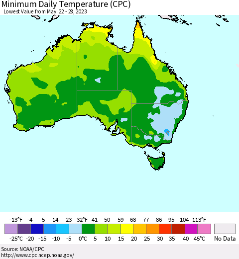 Australia Minimum Daily Temperature (CPC) Thematic Map For 5/22/2023 - 5/28/2023
