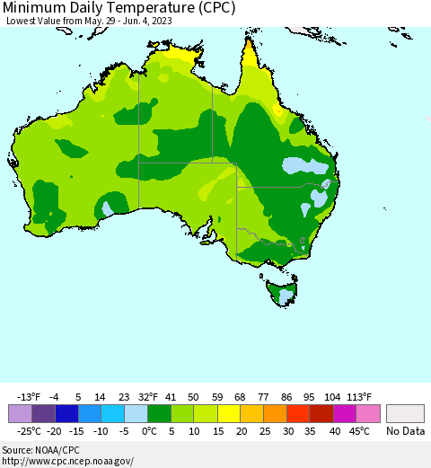Australia Minimum Daily Temperature (CPC) Thematic Map For 5/29/2023 - 6/4/2023