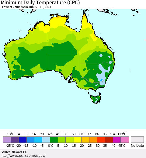 Australia Minimum Daily Temperature (CPC) Thematic Map For 6/5/2023 - 6/11/2023