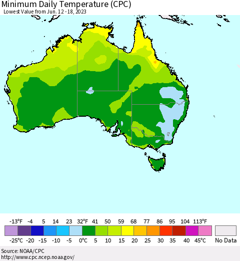 Australia Minimum Daily Temperature (CPC) Thematic Map For 6/12/2023 - 6/18/2023