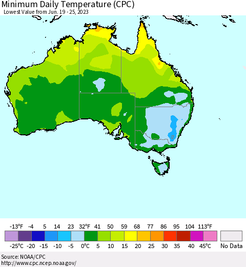 Australia Minimum Daily Temperature (CPC) Thematic Map For 6/19/2023 - 6/25/2023