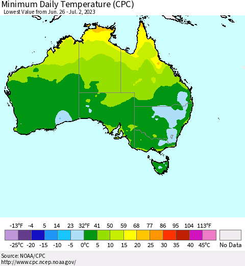 Australia Minimum Daily Temperature (CPC) Thematic Map For 6/26/2023 - 7/2/2023