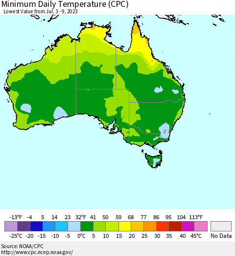 Australia Minimum Daily Temperature (CPC) Thematic Map For 7/3/2023 - 7/9/2023