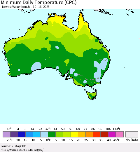 Australia Minimum Daily Temperature (CPC) Thematic Map For 7/10/2023 - 7/16/2023