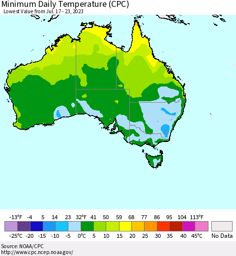 Australia Minimum Daily Temperature (CPC) Thematic Map For 7/17/2023 - 7/23/2023