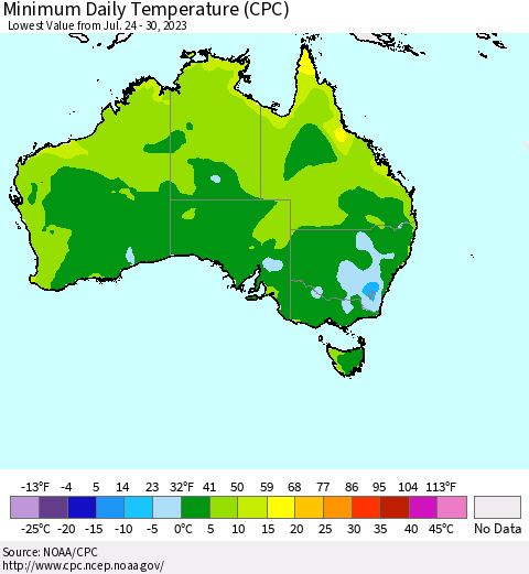 Australia Minimum Daily Temperature (CPC) Thematic Map For 7/24/2023 - 7/30/2023