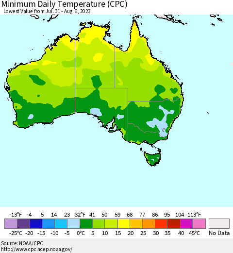 Australia Minimum Daily Temperature (CPC) Thematic Map For 7/31/2023 - 8/6/2023