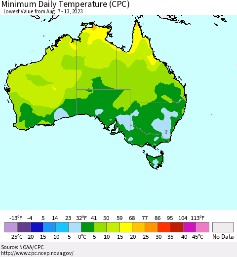 Australia Minimum Daily Temperature (CPC) Thematic Map For 8/7/2023 - 8/13/2023