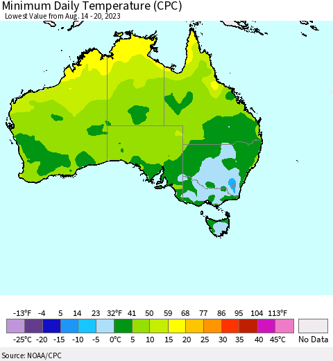 Australia Minimum Daily Temperature (CPC) Thematic Map For 8/14/2023 - 8/20/2023