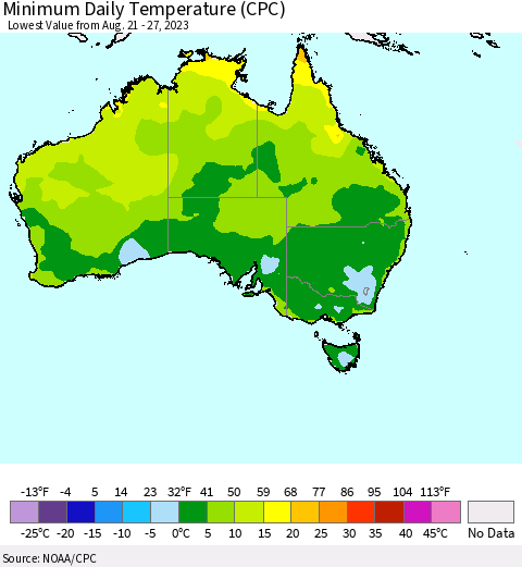 Australia Minimum Daily Temperature (CPC) Thematic Map For 8/21/2023 - 8/27/2023