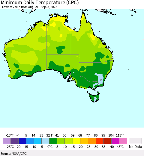 Australia Minimum Daily Temperature (CPC) Thematic Map For 8/28/2023 - 9/3/2023
