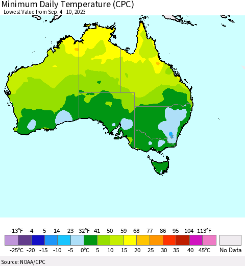 Australia Minimum Daily Temperature (CPC) Thematic Map For 9/4/2023 - 9/10/2023
