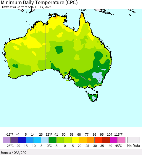 Australia Minimum Daily Temperature (CPC) Thematic Map For 9/11/2023 - 9/17/2023