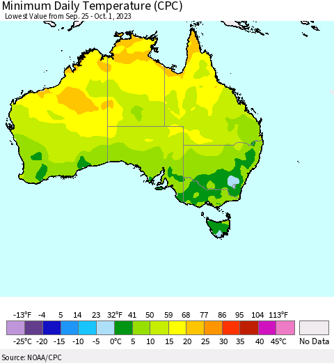 Australia Minimum Daily Temperature (CPC) Thematic Map For 9/25/2023 - 10/1/2023