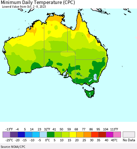 Australia Minimum Daily Temperature (CPC) Thematic Map For 10/2/2023 - 10/8/2023