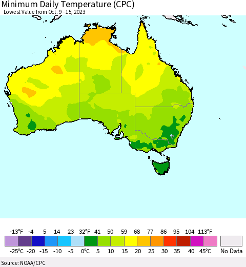 Australia Minimum Daily Temperature (CPC) Thematic Map For 10/9/2023 - 10/15/2023