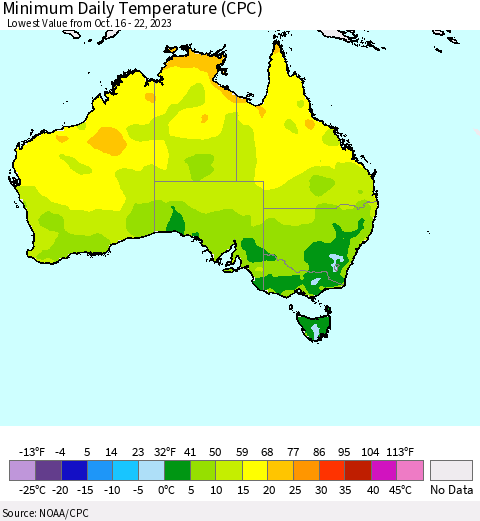 Australia Minimum Daily Temperature (CPC) Thematic Map For 10/16/2023 - 10/22/2023