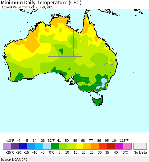 Australia Minimum Daily Temperature (CPC) Thematic Map For 10/23/2023 - 10/29/2023