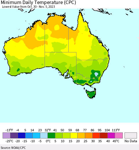 Australia Minimum Daily Temperature (CPC) Thematic Map For 10/30/2023 - 11/5/2023