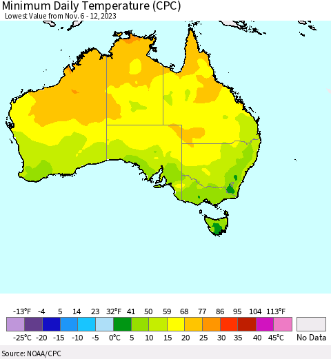 Australia Minimum Daily Temperature (CPC) Thematic Map For 11/6/2023 - 11/12/2023