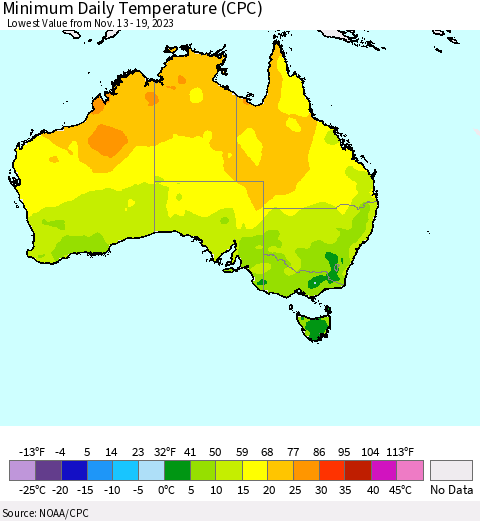 Australia Minimum Daily Temperature (CPC) Thematic Map For 11/13/2023 - 11/19/2023