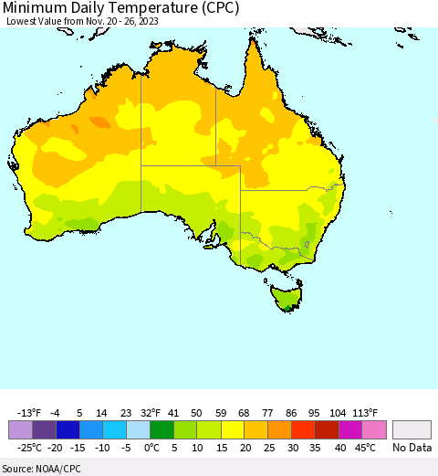 Australia Minimum Daily Temperature (CPC) Thematic Map For 11/20/2023 - 11/26/2023