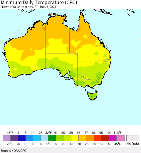 Australia Minimum Daily Temperature (CPC) Thematic Map For 11/27/2023 - 12/3/2023