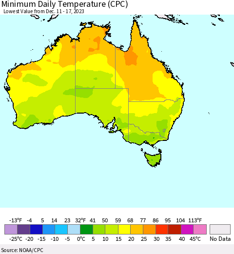Australia Minimum Daily Temperature (CPC) Thematic Map For 12/11/2023 - 12/17/2023