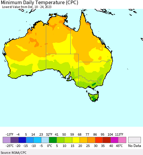 Australia Minimum Daily Temperature (CPC) Thematic Map For 12/18/2023 - 12/24/2023