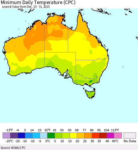 Australia Minimum Daily Temperature (CPC) Thematic Map For 12/25/2023 - 12/31/2023