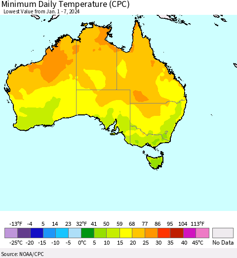 Australia Minimum Daily Temperature (CPC) Thematic Map For 1/1/2024 - 1/7/2024