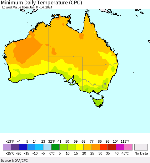 Australia Minimum Daily Temperature (CPC) Thematic Map For 1/8/2024 - 1/14/2024