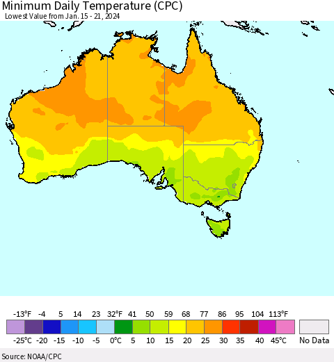 Australia Minimum Daily Temperature (CPC) Thematic Map For 1/15/2024 - 1/21/2024
