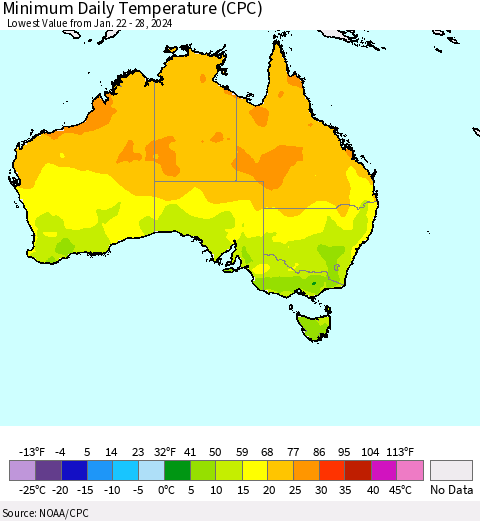 Australia Minimum Daily Temperature (CPC) Thematic Map For 1/22/2024 - 1/28/2024