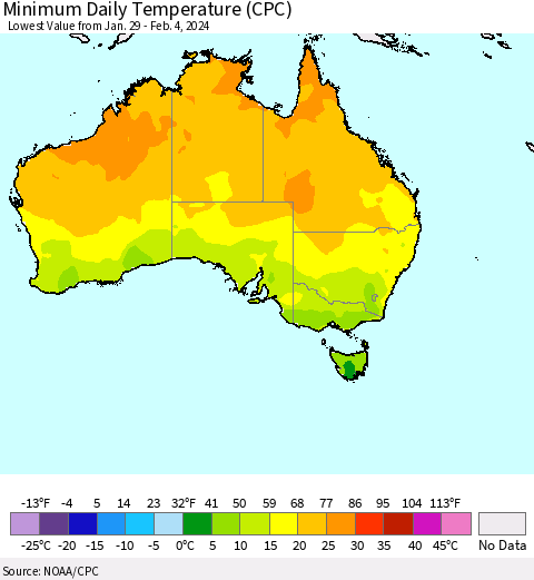 Australia Minimum Daily Temperature (CPC) Thematic Map For 1/29/2024 - 2/4/2024