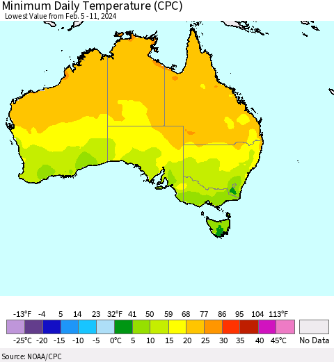 Australia Minimum Daily Temperature (CPC) Thematic Map For 2/5/2024 - 2/11/2024